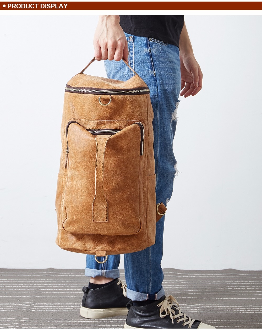 Product Display of Woosir Genuine Leather Cylindrical Backpack 