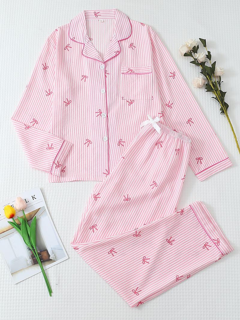 Women's Striped Bow Print Long Sleeve Pajama Set, Sweet Cute Button Front Top and Pants, Casual Home Wear for All Seasons