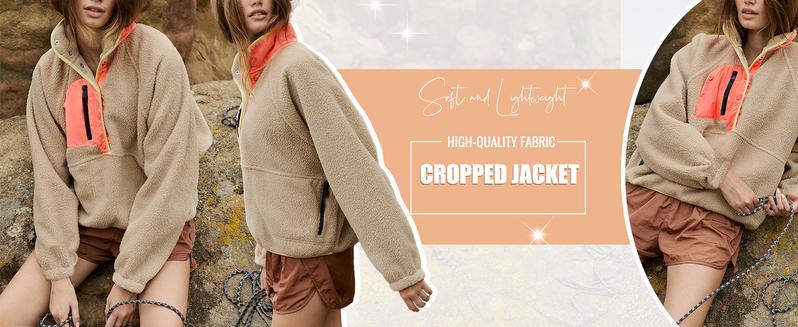 SCUSTY Women’s Lightweight Fleece Pullover Jacket Cropped Fall Winter Fuzzy Sherpa Jacket Sweatshirt Coat with Pockets