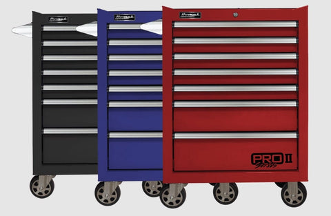 Homak 27 Pro II 7-Drawer Roller Cabinet In Black, Blue, And Red, Each With Caster Wheels
