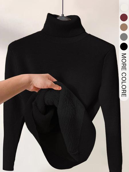 Women's Solid Thermal Lined Drop Shoulder High Neck Sweater, Casual Solid Long Sleeve Jumper For Daily Outdoor Wear, Women Knit Top for Fall & Winter