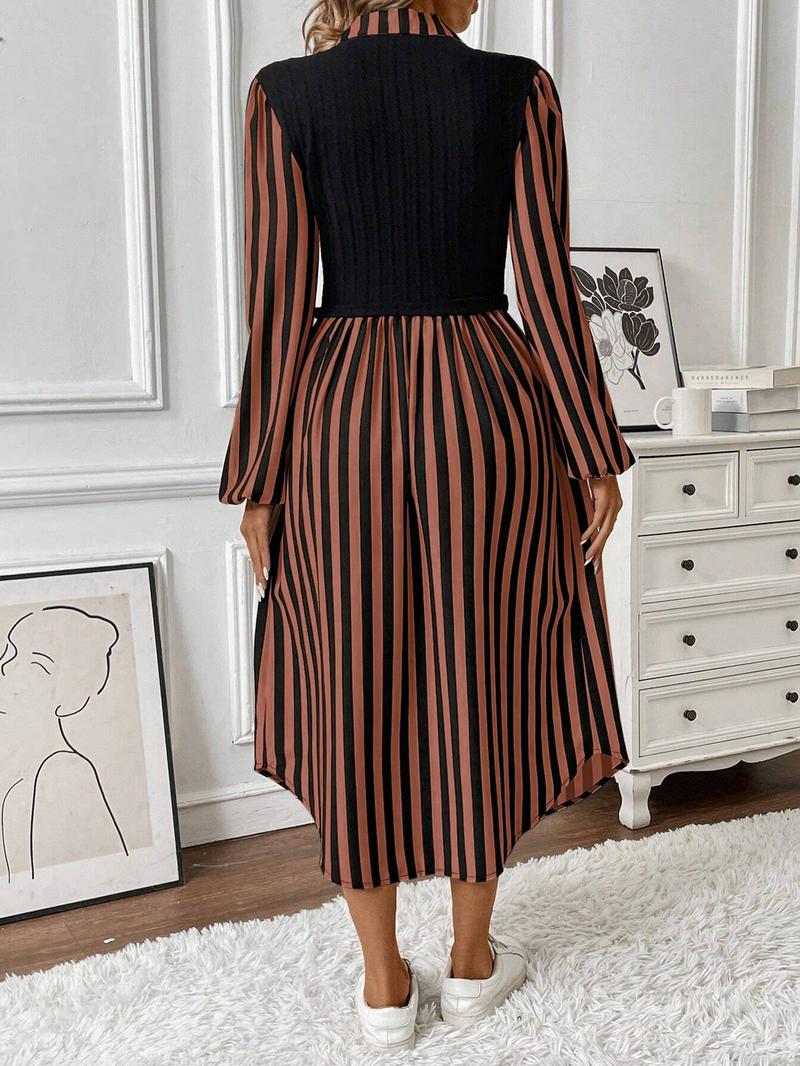 Women's Long Sleeve Striped Button Front Shirt Dress, Layered Design, Casual Spring & Fall Fashion, Elegant Women's Clothing