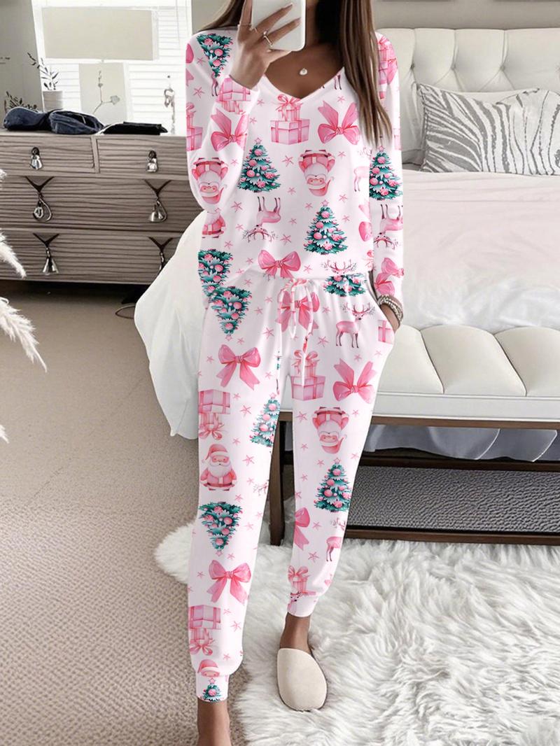 Women's Christmas Print Casual Set, Long Sleeve V Neck Top & Belted Pants, Ladies Homewear & Pajamas, Spring & Fall Fashion