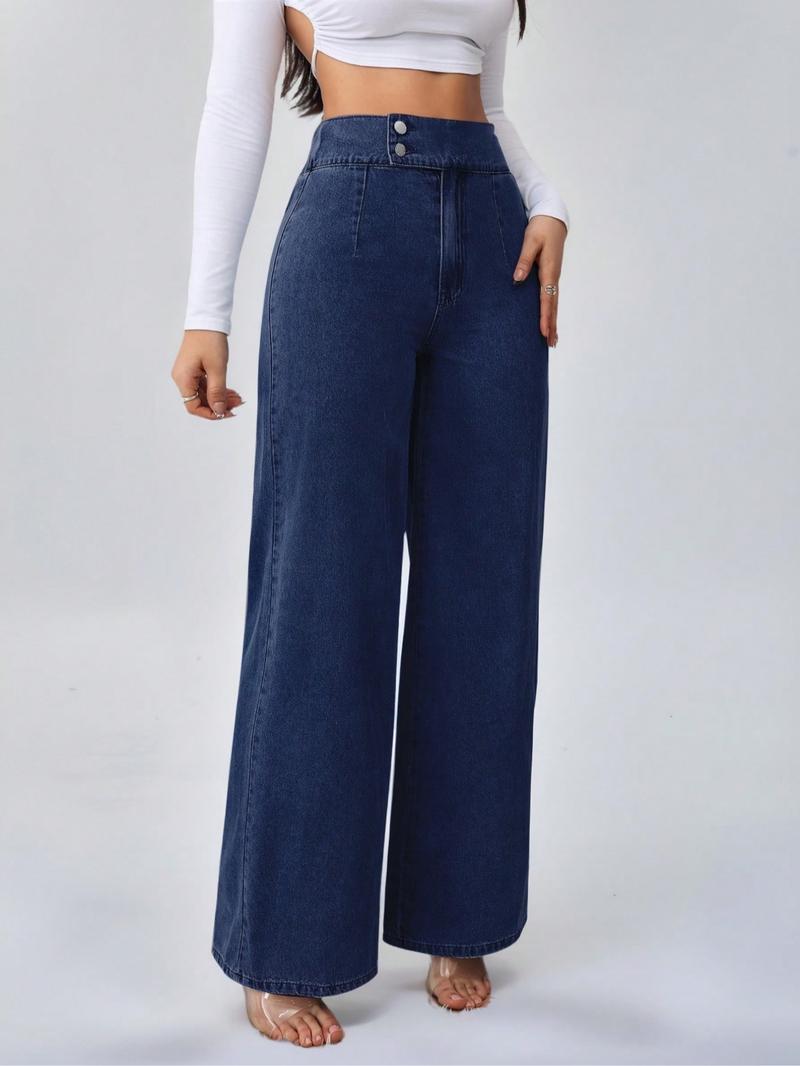 Women's Vintage Elegant High Waist Wide Leg Jeans, Button Front Elastic Waist, Plain Design, Casual Fashion Pants, All Seasons