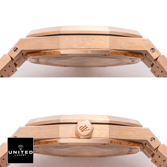 Audemars Piguet Royal Oak 15400OR.OO.1220OR.03 Replica Audemars Piguet Royal Oak Gold Replica crown side view white background