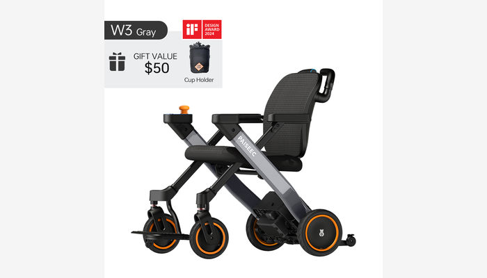 Lightweight PAISEEC W3 Gray electric wheelchair with cup holder, awarded iF Design Award 2024.
