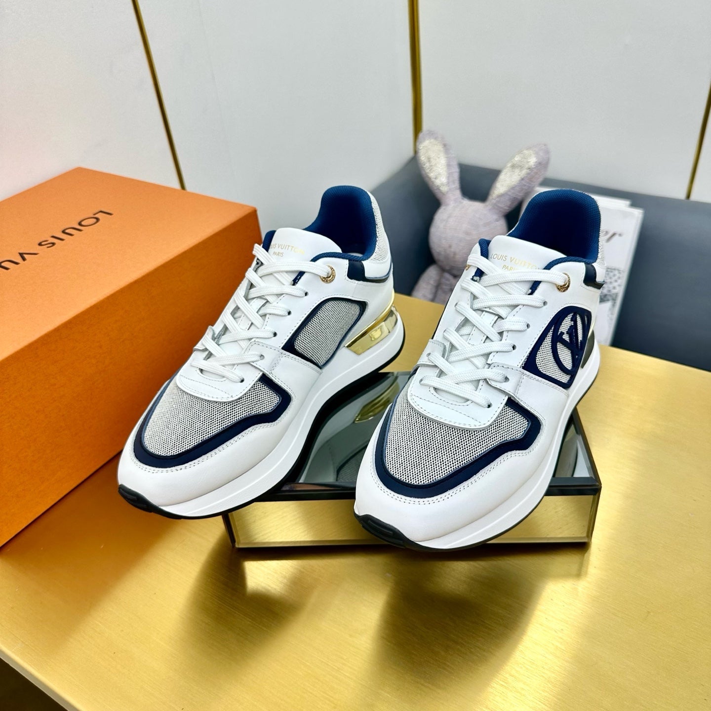 NEO RUN AWAY SNEAKER IN WHITE MIX NAVY BLUE CALFSKIN、mysite、Cacoeks