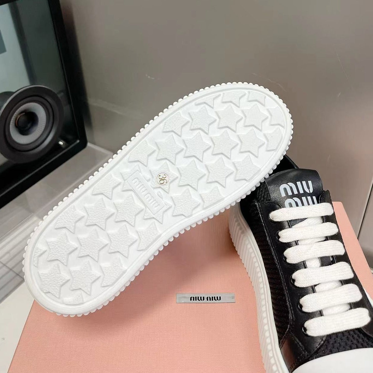 SNEAKERS THICK-SOLED BLACK MESH COWHIDE、mysite、Cacoeks