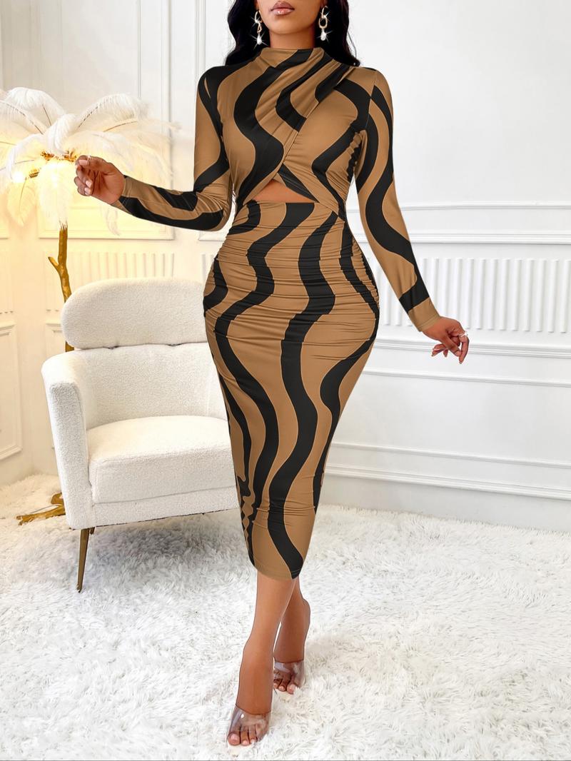 Aliling&nbsp;Women's Colorblock Print Cut Out Bodycon Dress, Elegant Fashion Casual Long Sleeve Dress for Daily Outdoor Wear, Women Dress for Spring Fall