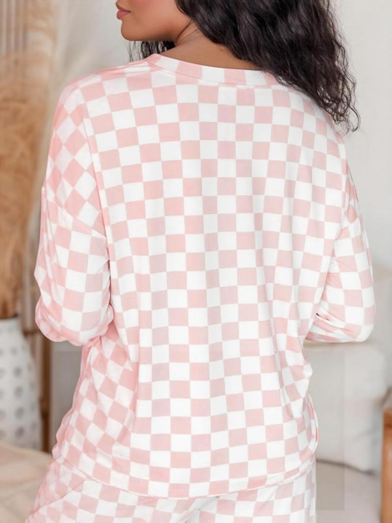 Two-Piece Set Women's Checkerboard Print Long Sleeve Tee & Drawstring Waist Pants Pajama, Casual Comfy Round Neck Top & Pocket Trousers PJ Set, Ladies Sleepwear for All Seasons
