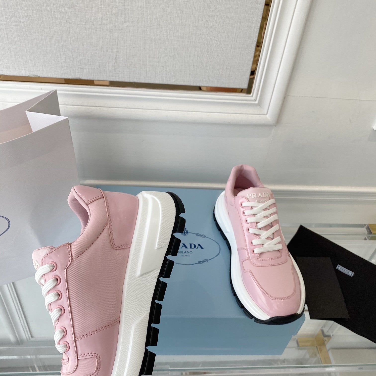 PRADA 25S THICK SOLE SNEAKER IN LIGHT PINK CALFSKIN AND CANVAS、mysite、Cacoeks