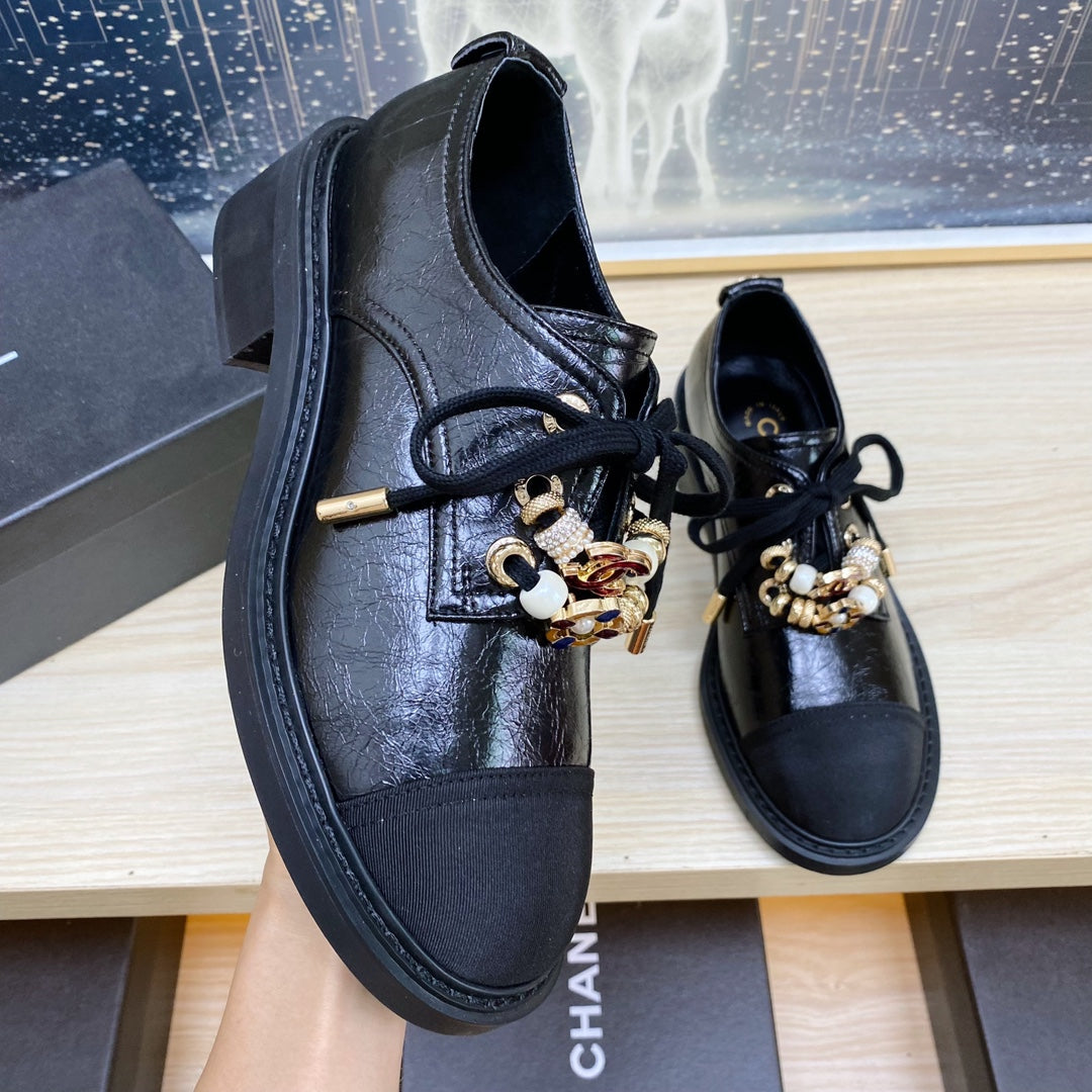 CC COMBAT OXFORD SHOES IN BLACK WRINKLED CALFSKIN AND GROSGRAIN WITH FAUX PEARL、mysite、Cacoeks