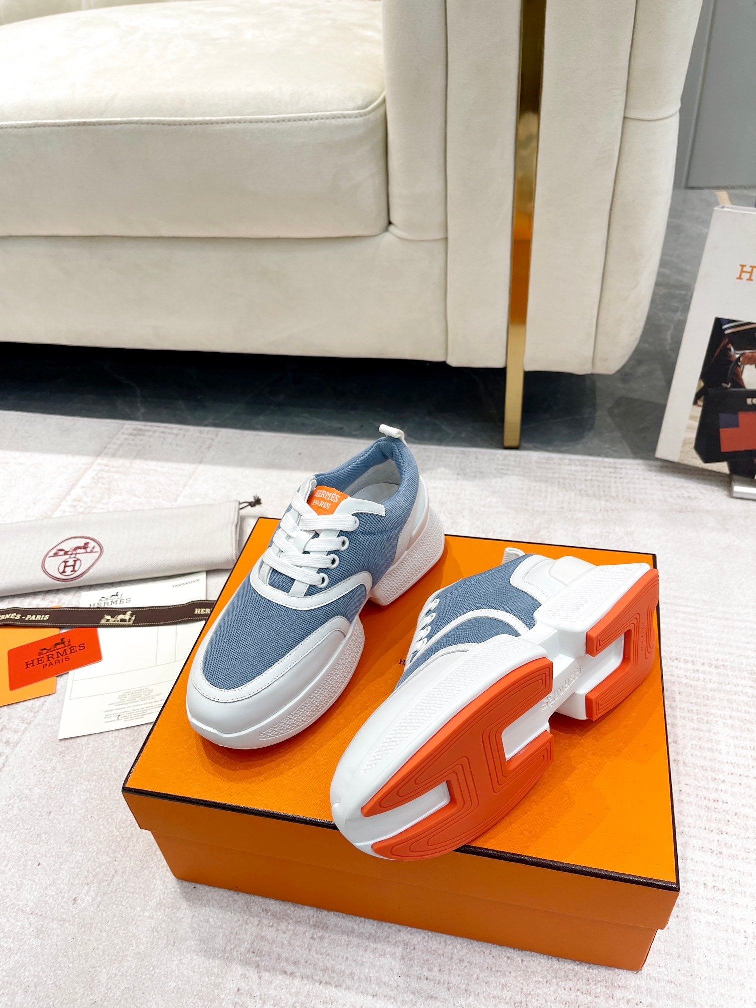 GIGA SNEAKER IN AEGEAN BLUE STITCHED MESH AND WHITE CALFSKIN、mysite、Cacoeks