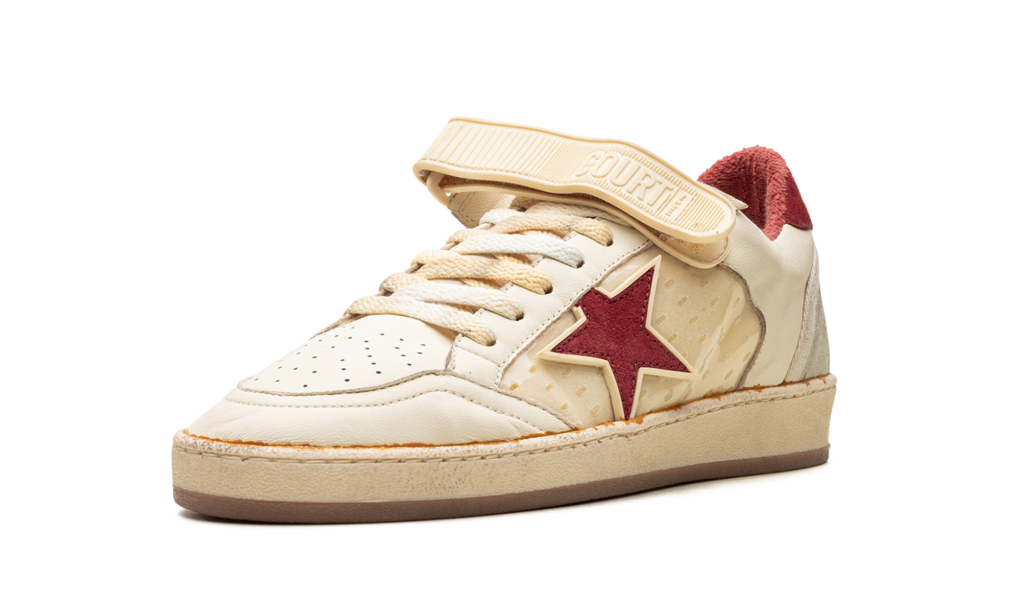 BALL STAR WITH STRAP NAPPA AND PVC UPPER SUEDE STAR SPUR AND HEEL "WHITE ICE RED PVC"、mysite、Cacoeks