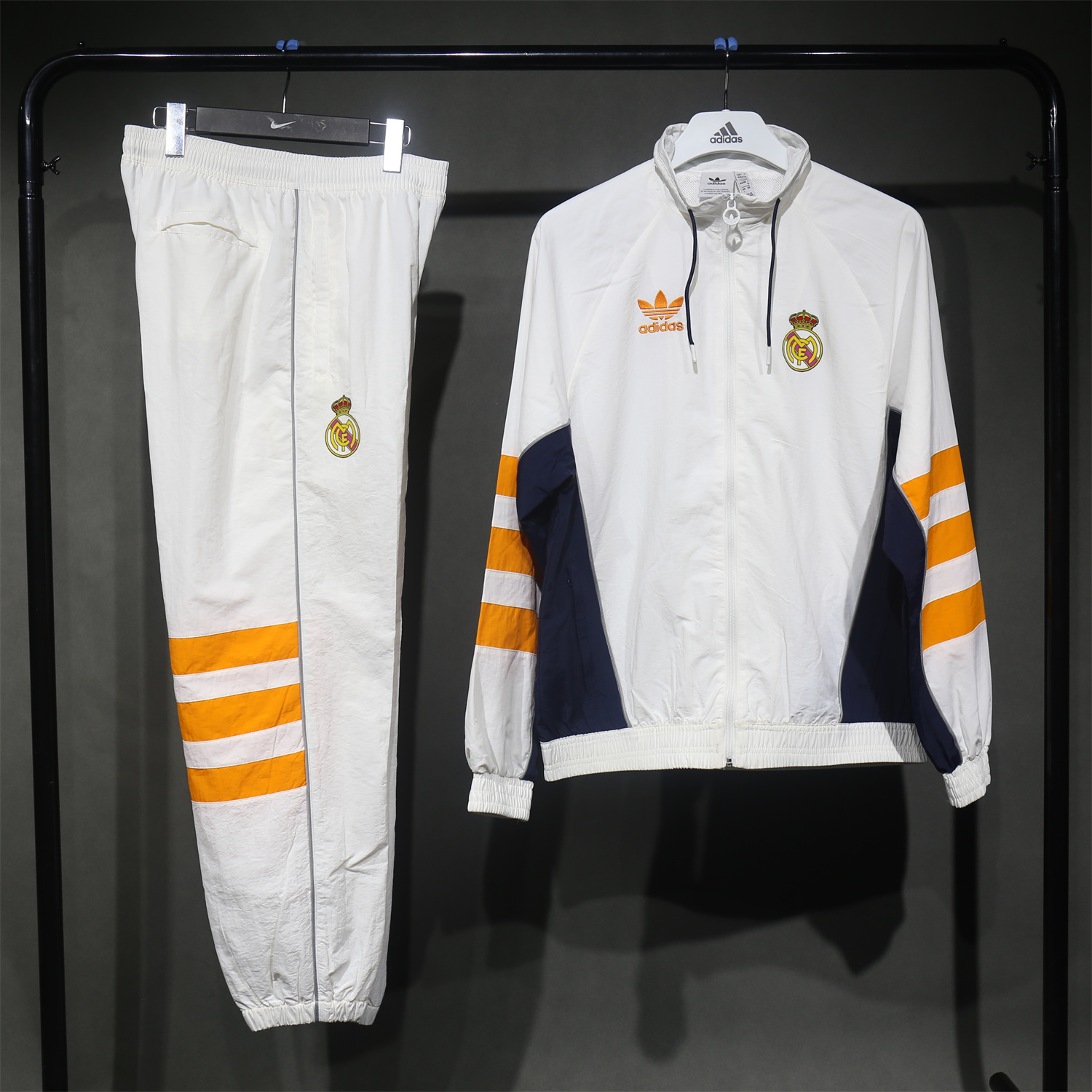 JerseysGala.com | Real Madrid 24-25 Retro Style Player Windbreaker Jacket Suit - White & Orange -Customize Name, Number and Patch | Worldwide Shipping