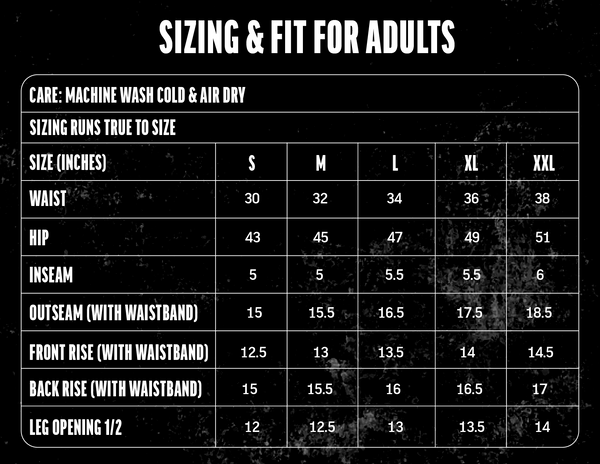 Baseball shorts size chart