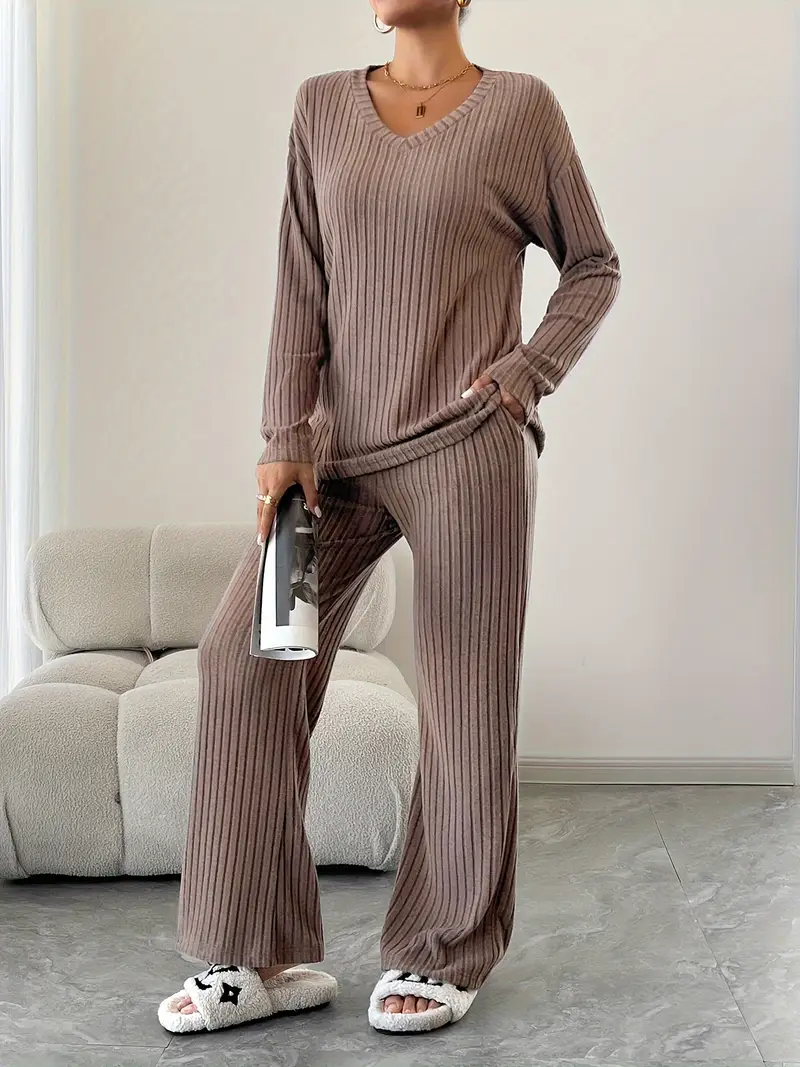 ribbed solid color knitted pantsuits casual drop shoulder long sleeve v neck top straight leg pants outfits womens clothing Product details 1
