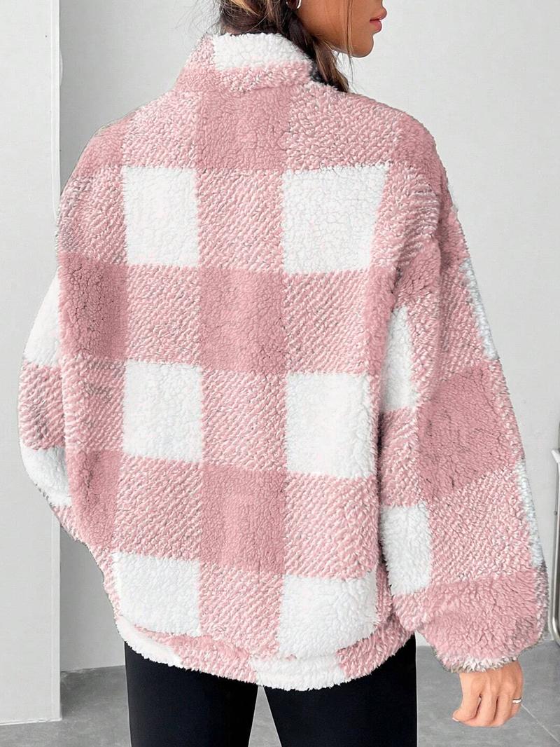 Women's Plaid Print Half Zip Drop Shoulder&nbsp;Fleece&nbsp;Sweatshirt, Casual Long Sleeve Stand Collar Pullover for Spring & Fall, Ladies Clothes for Daily Wear