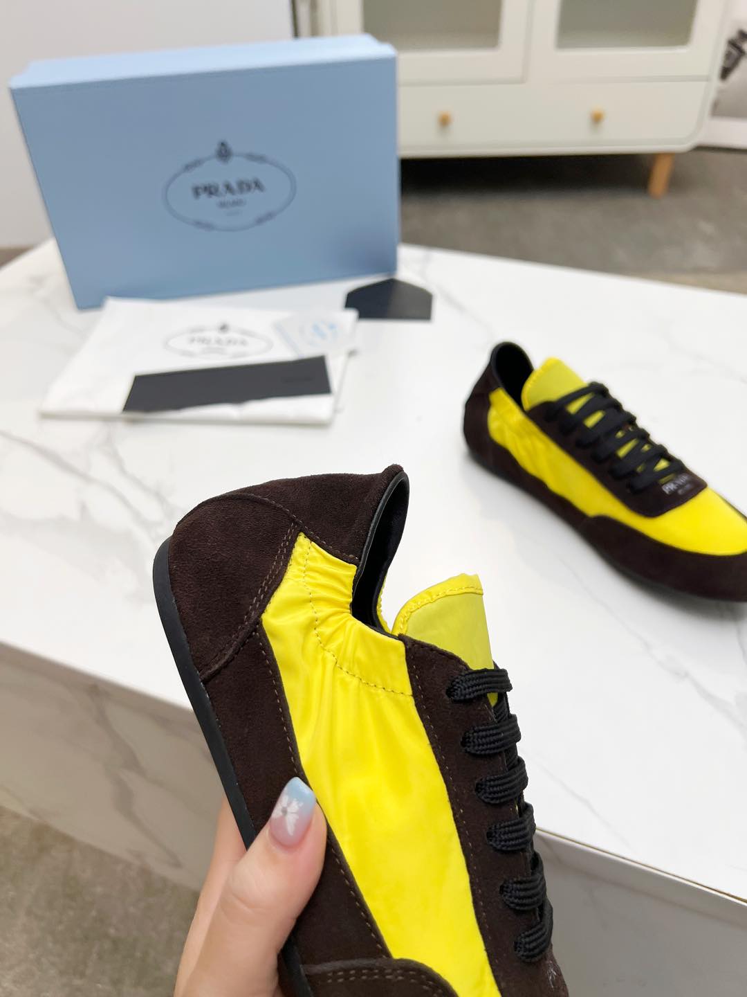 COLLAPSE SNEAKERS IN CHOCOLATE SUEDE AND YELLOW NYLON、mysite、Cacoeks