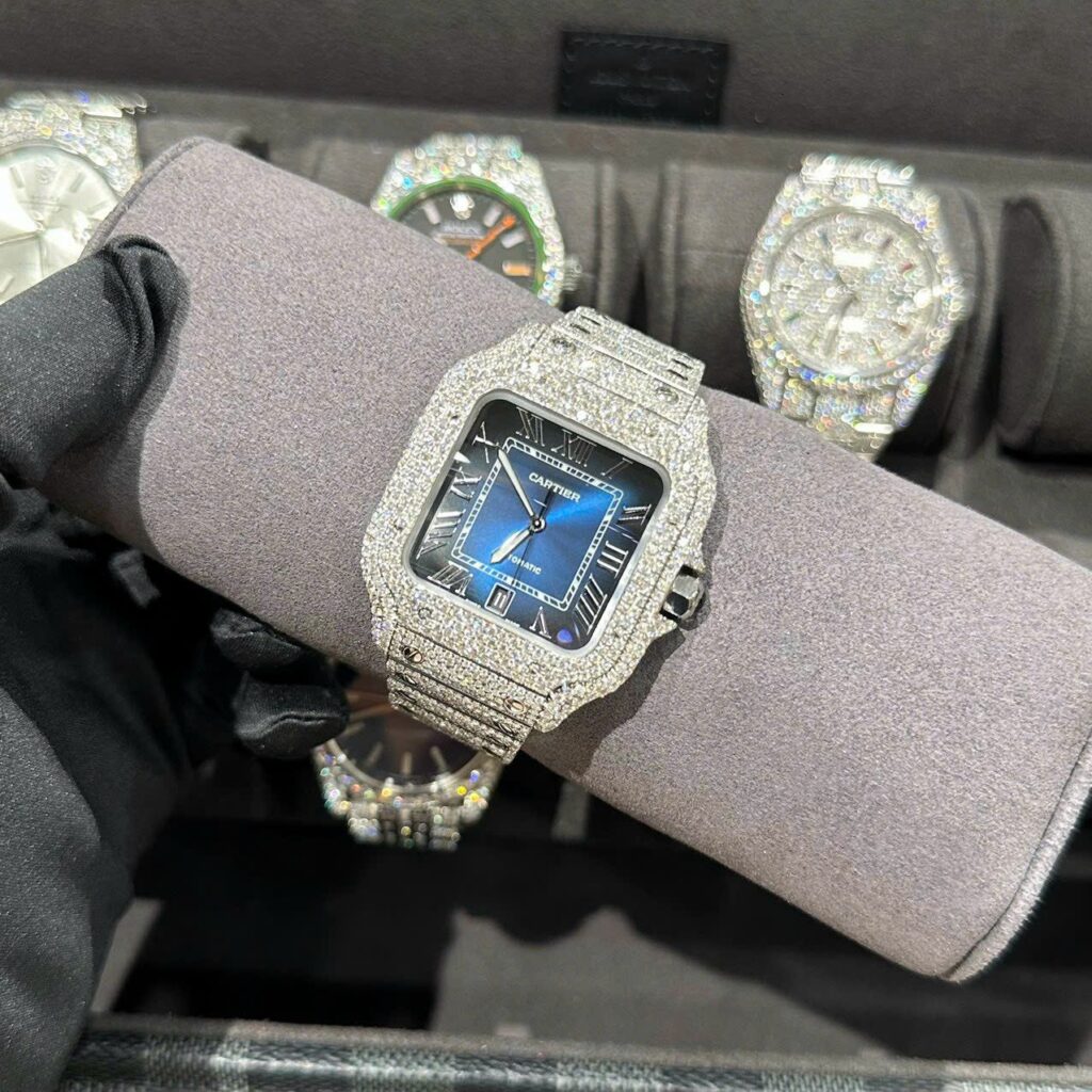 Đồng Hồ Cartier Santos Độ Full Kim Cương Thiên Nhiên Blue Dial 39 (8)