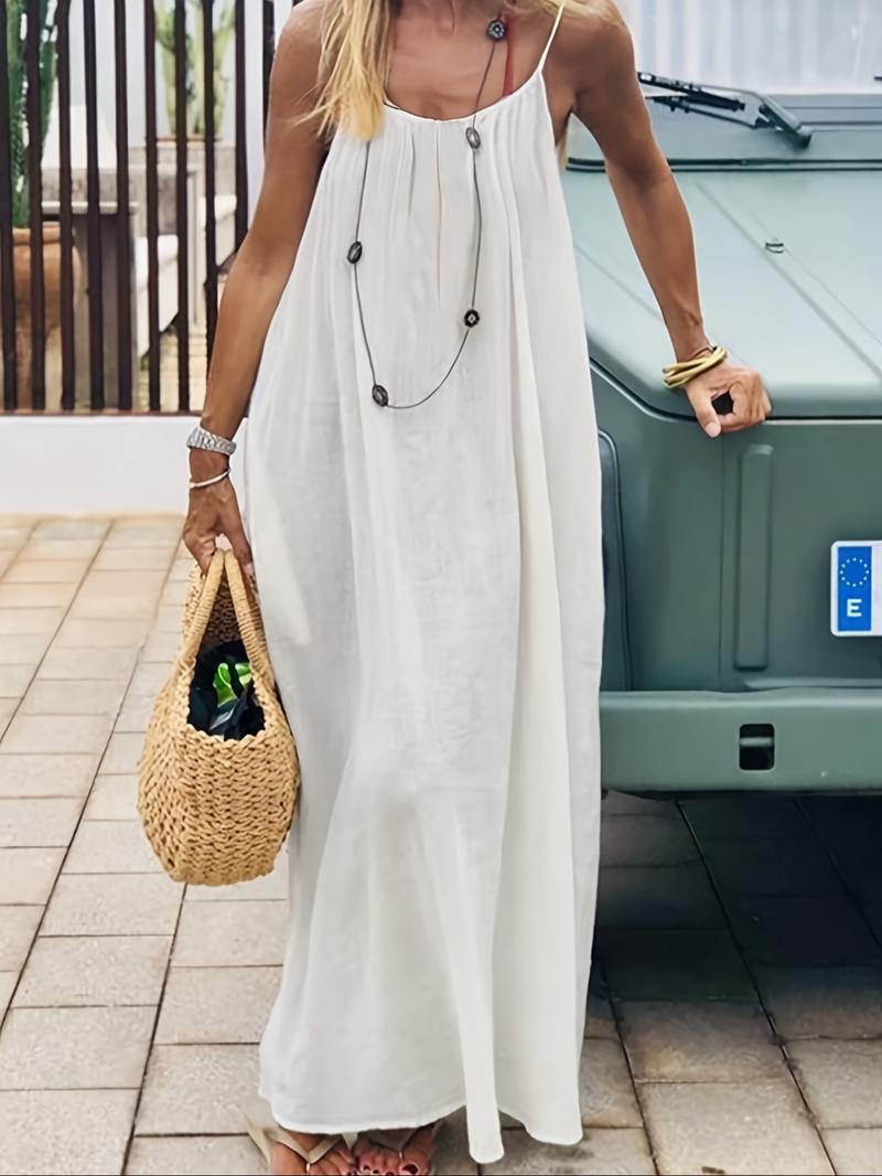 Women's Solid Color Cami Lounge Dress, Elegant Sleeveless Long Dress for Summer, Ladies Sleepwear for Indoor Wear, Womenswear