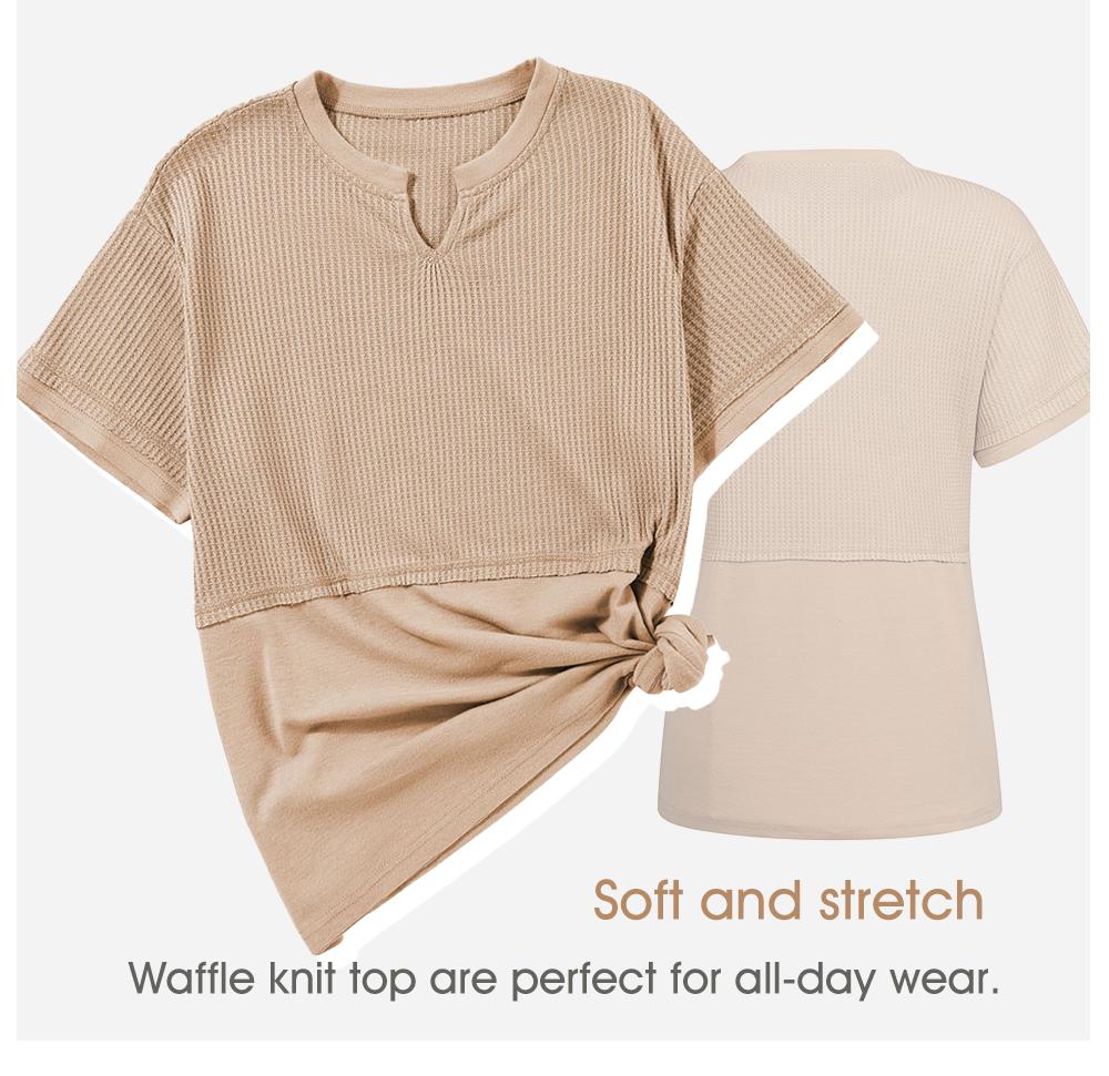 Shewin 2026 Spring/Summer Cozy Oversized Waffle Knit V-Neck Top Women's Short Sleeve Pullover Winter Layering Plus Size for Daily Wear Beach Tee SpringStatements