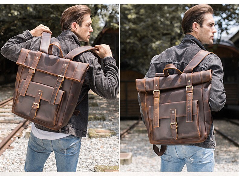 Outdoor Model Show of Woosir Genuine Leather 17" Laptop Backpack