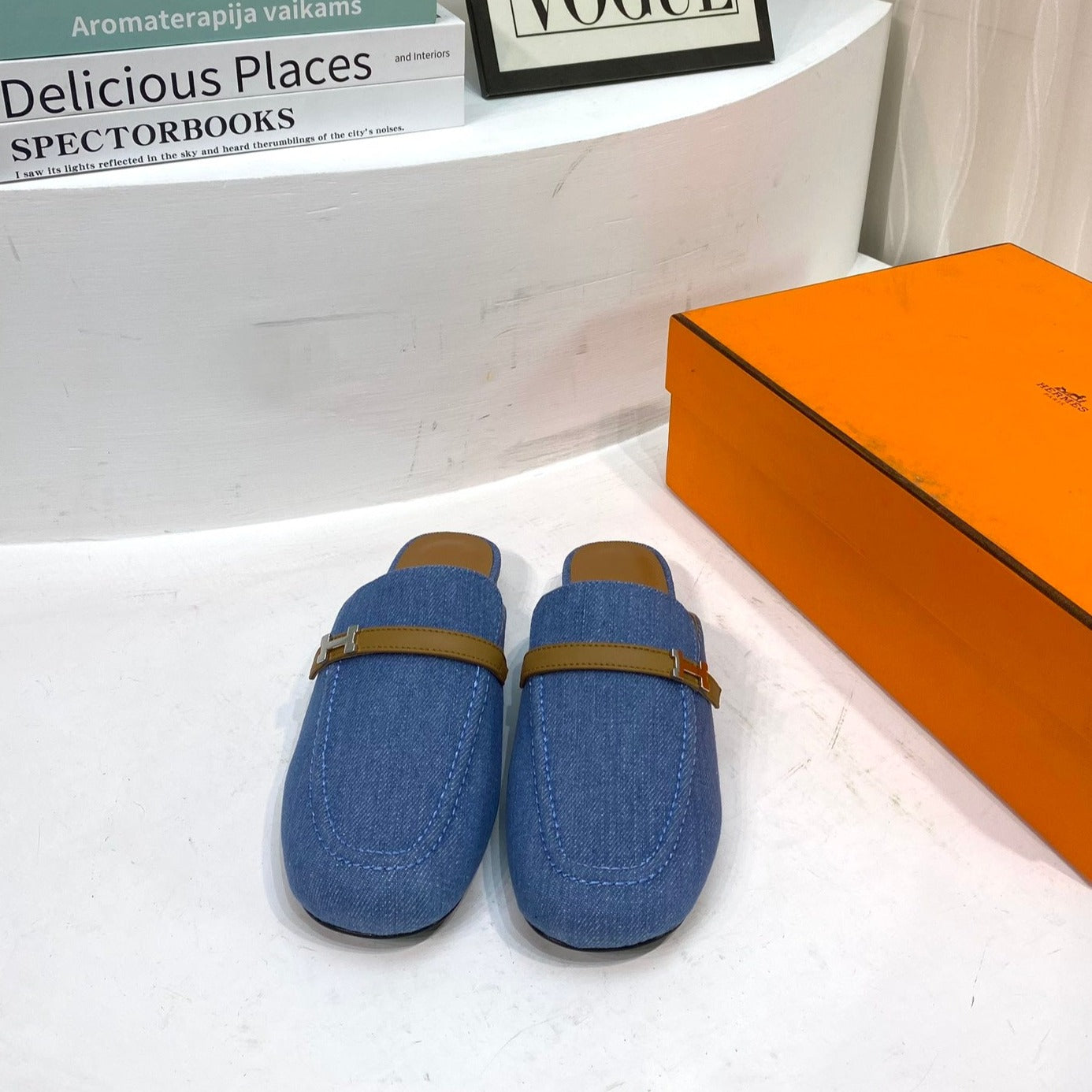 IENA MULE LAPIS CANVAS AND CARAMEL CALFSKIN、mysite、Cacoeks