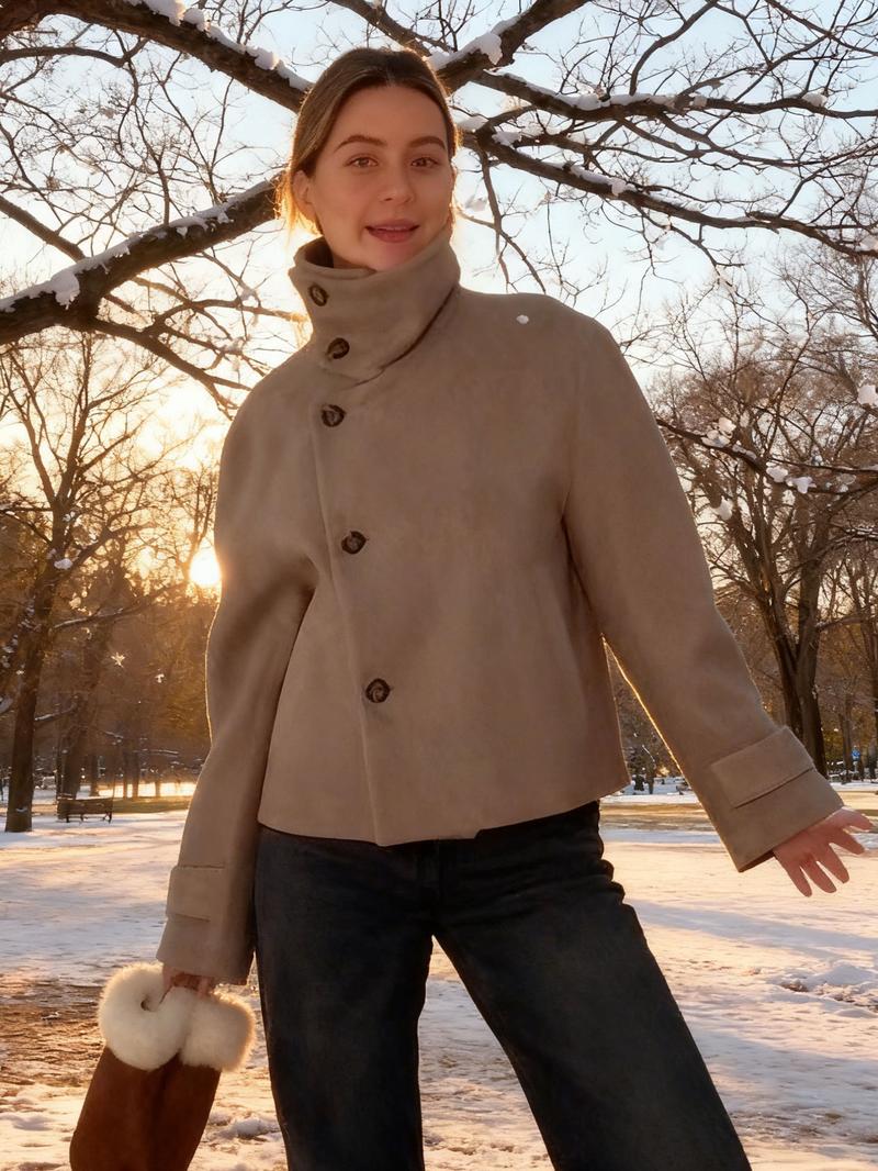 Women's Autumn Winter Stand Collar Wool Blend Jacket, Pure Color Fashion Outerwear, Asymmetrical Button Closure, Casual Lapel Sleeve Coat