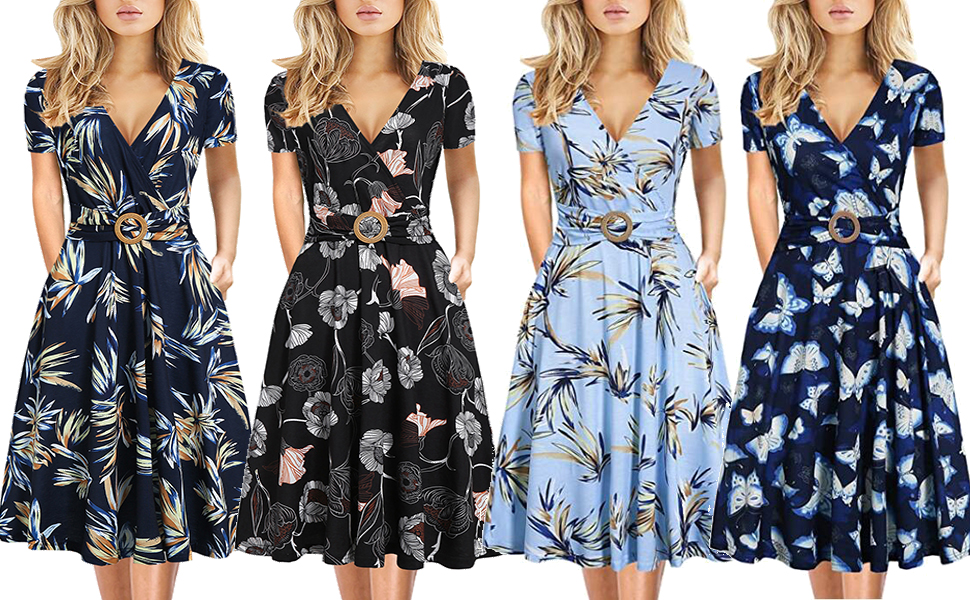 Women Criss-Cross Faux Wrap Vintage Short Sleeve Work Casual Party Tea Swing Dress with Pockets 980…