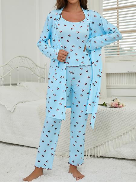 Cherry Print Women's Nightgown Set + Strap Pants, Comfortable Casual Home Wear, All-Season Fitted Sleepwear, Moderate Fabric Cherry Print Women's Nightgown Set + Strap Pants, Comfortable Casual Home Wear, All-Season Fitted Sleepwear, Moderate Fabric