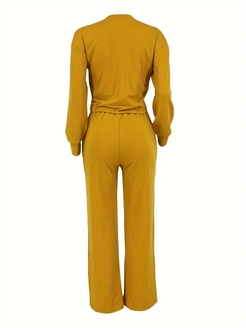 casual solid two piece set long sleeve crew neck top drawstring straight leg pants outfits womens clothing earth yellow 1