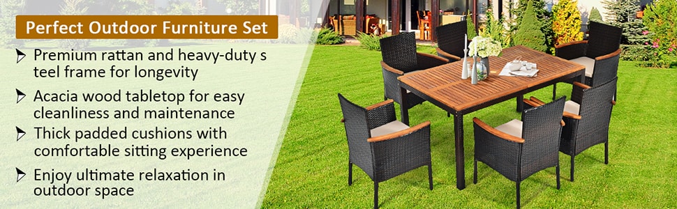7 Piece Rattan Patio Dining Set with Acacia Wood Table & Stackable Wicker Chairs
