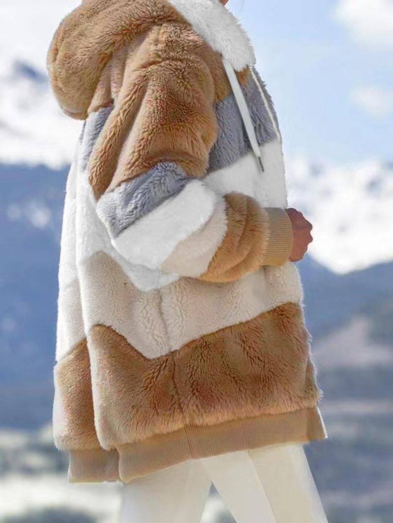Women's Colorblock Drop Shoulder Hooded Polar Fleece Coat, Fashion Casual Long Sleeve Zip Up Warm Outerwear For Daily Outdoor Wear, Women's Clothing, Jackets