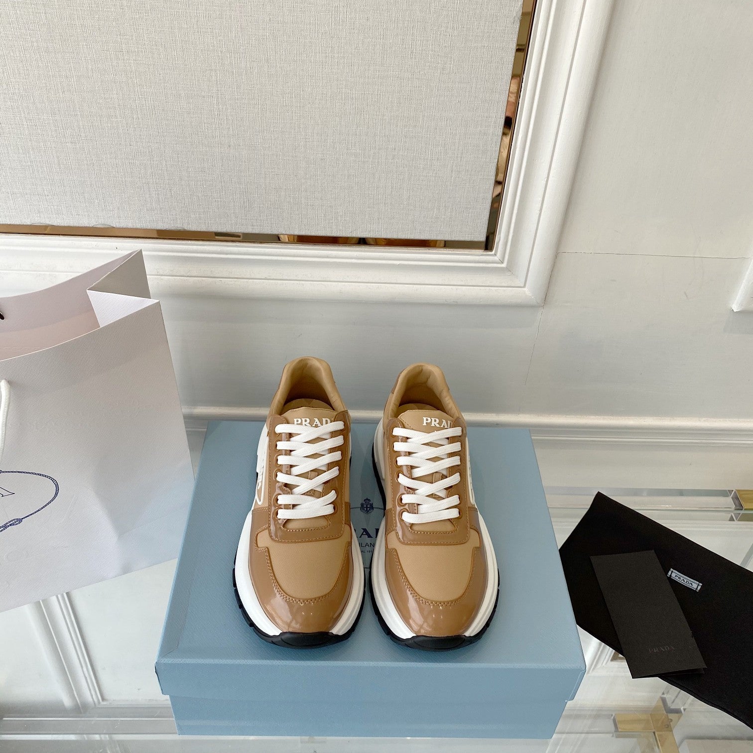 PRADA 25S THICK SOLE SNEAKER IN BROWN CALFSKIN AND CANVAS、mysite、Cacoeks