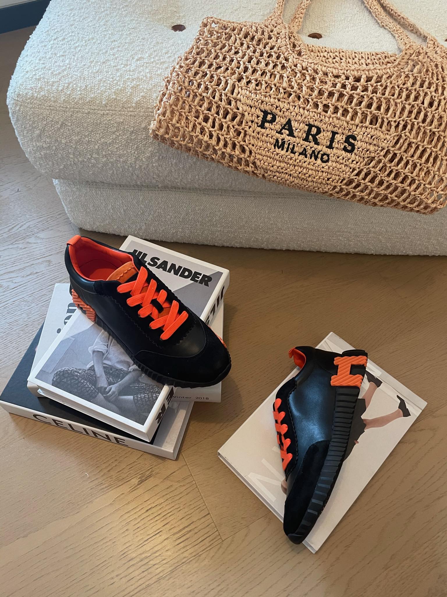 BOUNCING SNEAKERS BLACK CALFSKIN WITH ORANGE LACES、mysite、Cacoeks