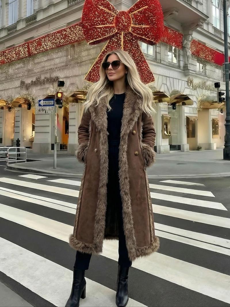 Women's Faux Fur Coat, Autumn Winter Fashionable Long Sleeve Jacket, Elegant Thick Retro Loose Fit Medium-Length Outerwear