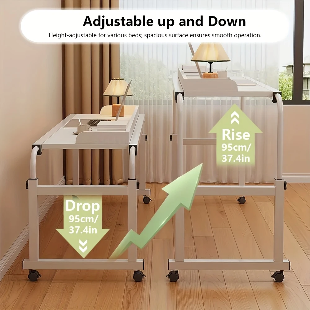 height adjustable overbed table with wheels   laptop cart rolling   table removable lazy lift computer table for bedroom portable bedside workstation with sturdy frame 4