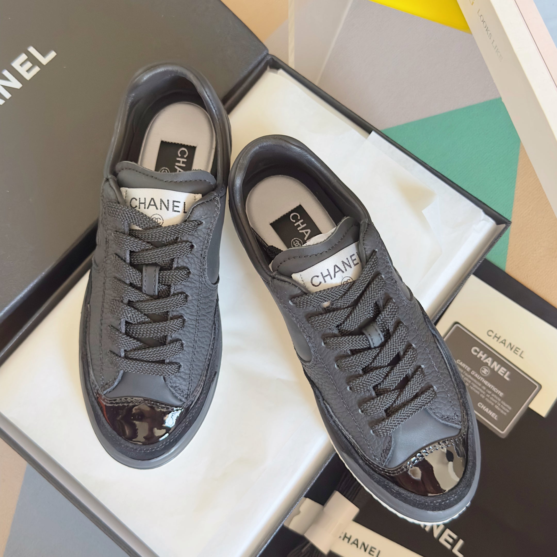 CHANEL 25S SNEAKERS WITH PATENT TOE 20MM IN BLACK CALFSKIN、mysite、Cacoeks