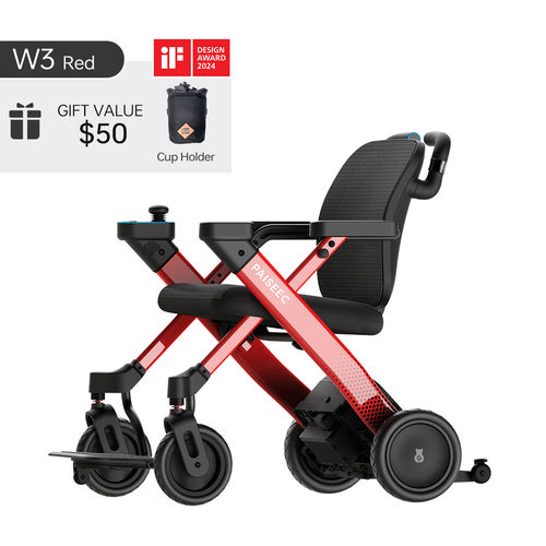 Compact folding mobility wheelchair in red with cup holder and design award badge
