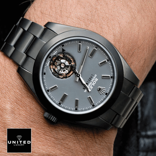 Rolex Label Noir Replica 3 Rolex Label Noir Grey Tourbillon Dial Replica on his arm