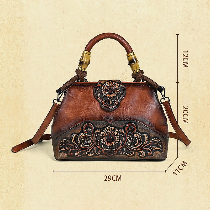 Women's Handbag Crossbody Bag Shoulder Bag Boston Bag PU Leather Party Daily Holiday Embossed Large Capacity Lightweight Durable Color Block Flower Folk dark brown claret ArmyGreen 2023 - US $107.71 –P9