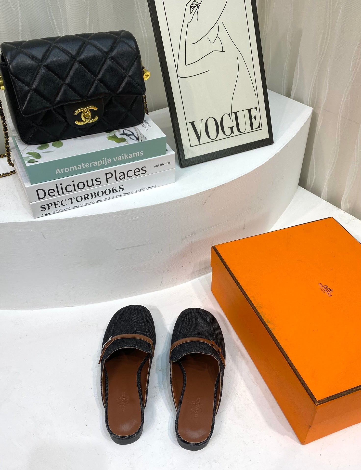 IENA MULE BLACK CANVAS AND BROWN CALFSKIN、mysite、Cacoeks