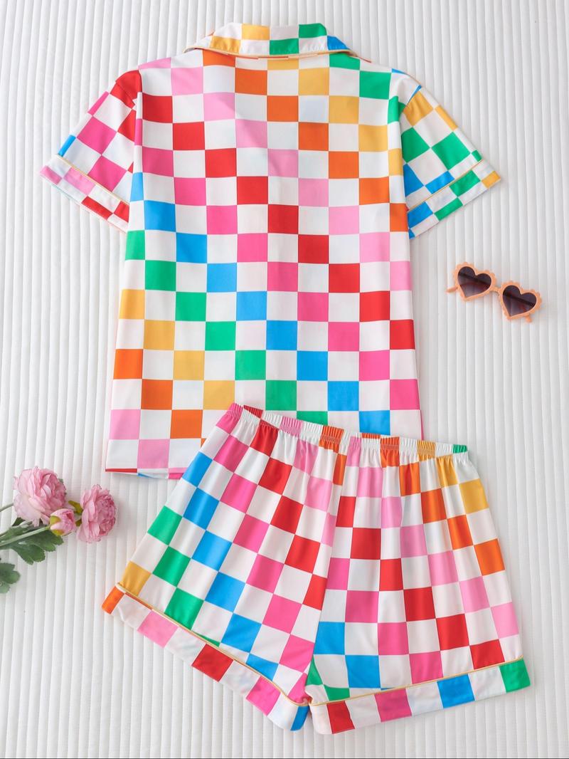 Women's Checkerboard Print Lapel Neck Pajama, Casual Comfy Short Sleeve Button Front Chest Pocket Design Top & Elastic Waist Shorts PJ Set, Ladies Summer Sleepwear
