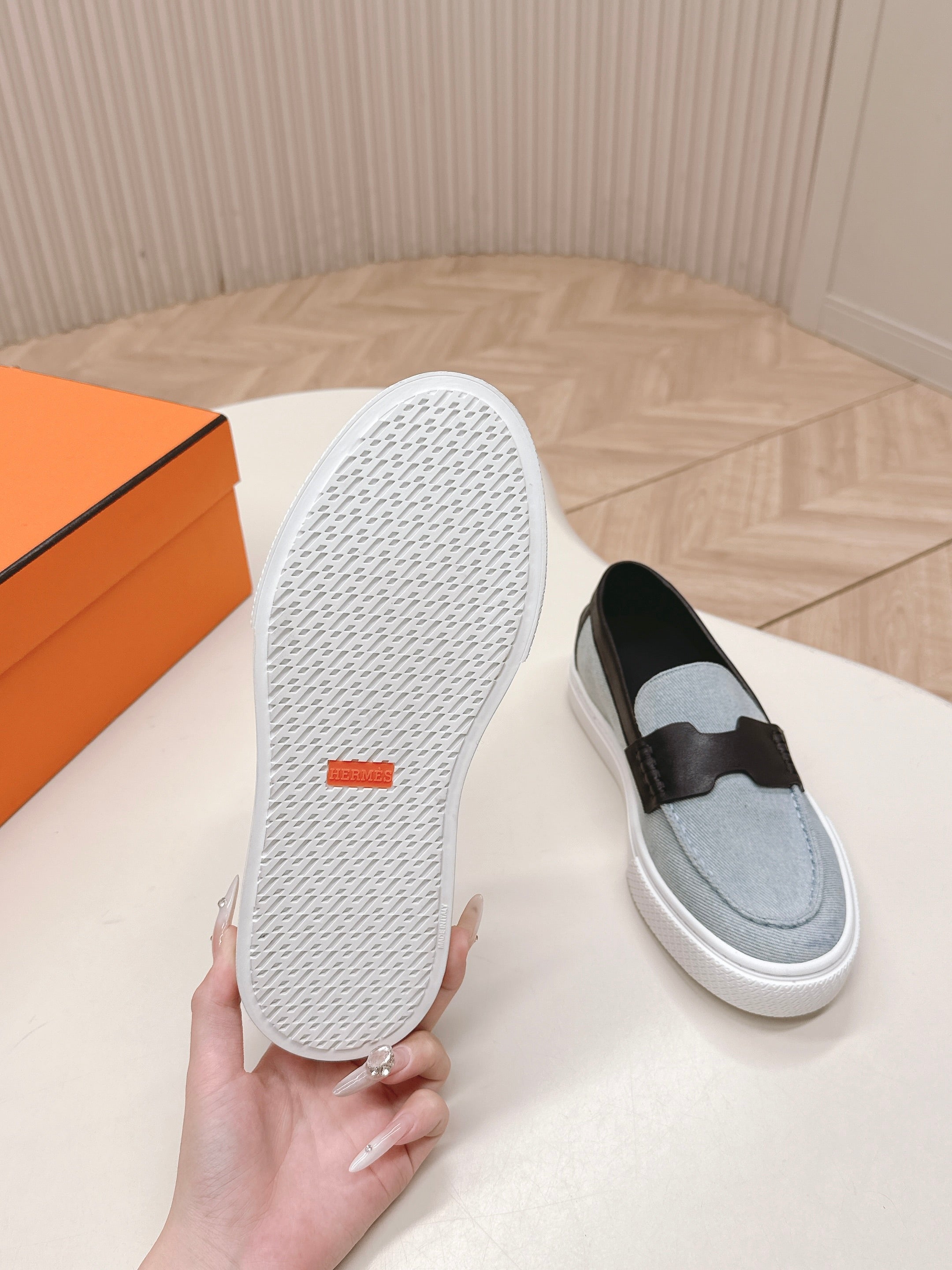 HM 25S SLIP-ON IN BLUE DENIM AND BLACK LAMBSKIN、mysite、Cacoeks