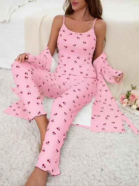 Cherry Print Women's Nightgown Set + Strap Pants, Comfortable Casual Home Wear, All-Season Fitted Sleepwear, Moderate Fabric Cherry Print Women's Nightgown Set + Strap Pants, Comfortable Casual Home Wear, All-Season Fitted Sleepwear, Moderate Fabric