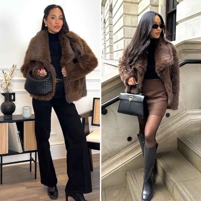 Buenoble Women's Brown Faux Fur Coat Winter Fluffy Short Jacket Warm Fuzzy Oversized Outwear Top Shaggy Collar Full Lining Short Jacket with Side Pockets