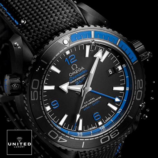 Omega Seamaster Planet Ocean Black Dial Blue Bezel Replica black background