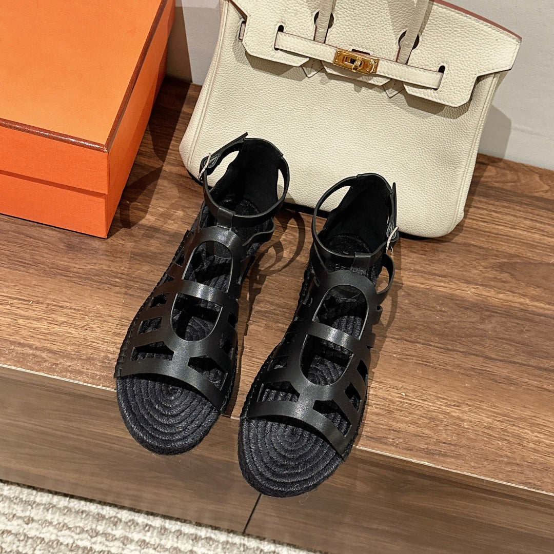 STRAW SOLE SANDAL BLACK LAMBSKIN、mysite、Cacoeks