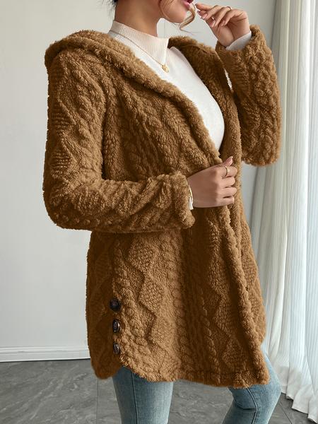 Women's Solid Color Fuzzy Hooded Jacket, Casual Long Sleeve Outerwear for Daily Wear, Ladies Clothes for All Seasons, Winter Womenswear
